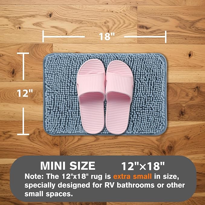 Small Bathroom Rug 12"x18" – Washable and Absorbent Bath Mat, Non Slip, Thick Soft Chenille Bath Rugs for Bathroom, Shower, Sink, Dog mat(Blue)