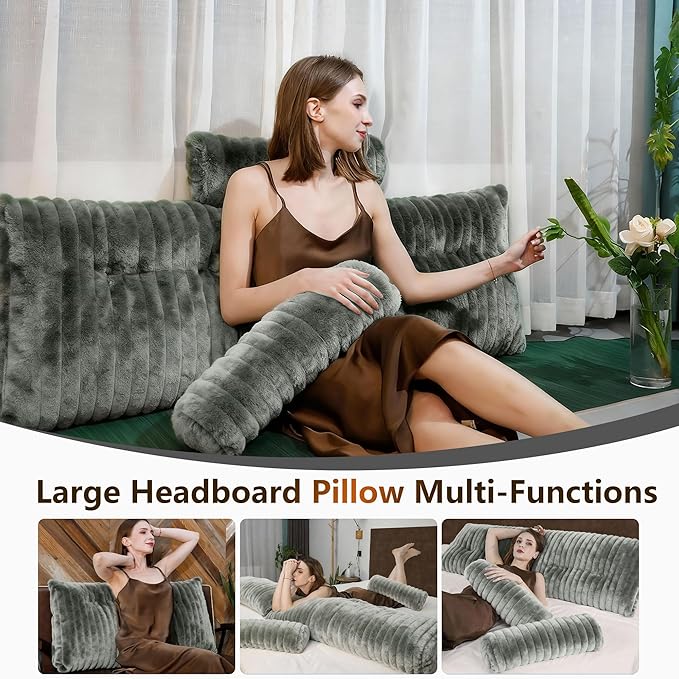 Luxury Faux Fur Headboard Pillow Queen Size - Large Triangular Wedge Cushion for Bed & Sofa, Fluffy Reading Backrest Bolster with Detachable Neck Roll, Washable Cover & Side Pocket, Ivory