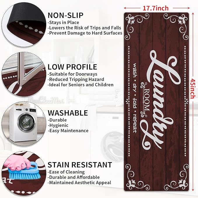 XLHOMO Laundry Room Rug Runner, 17.7"x45" Non Slip Burgundy Red Laundry Rugs, Farmhouse Washable Floor Laundry Mats for Laundry Room, Mudroom, Kitchen, Washroom, Bathroom, Hallway Entryway Rugs Decor