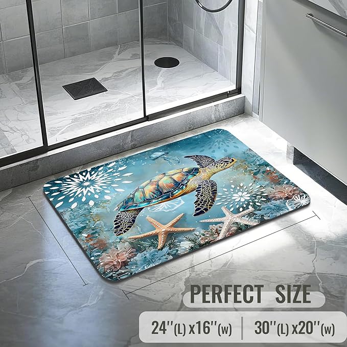 Quick Dry Bath Mat for Bathroom,Super Absorbent Beach Welcome Bath Rug Non-Slip Rubber Backing,Machine Washable Bathroom Floor Mat for Shower,Sea Turtle Nautical Starfish (16"x24"+30"x20")