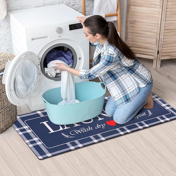 XLHOMO Laundry Room Rugs and Mats, 17"x47" Buffalo Plaid Navy Blue Laundry Room Rug Washable Non Slip, Farmhouse Laundry Mats for Floor, Mudroom, Kitchen, Washroom, Bathroom, Entryway Carpet Decor