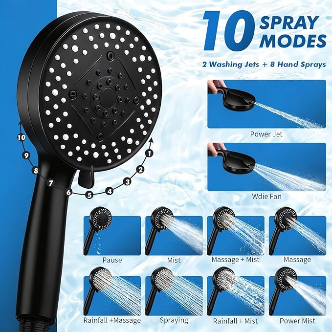 Shower Head with Handheld, 12" High Pressure Rain Shower Heads with Filtered Handheld Spray Combo, Black Showerheads & Hand Held Showers Set with Adjustable Extension Arm for Bathroom