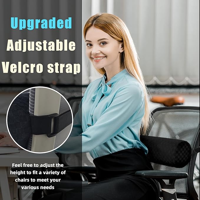 Lumbar Roll Pillow for Lower Back, Lumbar Support Foam Roll Cushion with Pillowcase and Upgraded Strap for Office, Chair, Car, Seat Pain Relief & Improving Posture (Black, Long-15 * 4.3'')