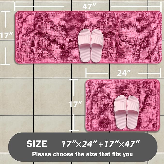 Bathroom Rugs Sets 2 Piece – Absorbent and Washable Bath Mat, Non-Slip, Thick Soft Chenille Bath Rugs for Bathroom Floor, Shower, Sink(17" x 24"+17" x 47", Hot Pink)