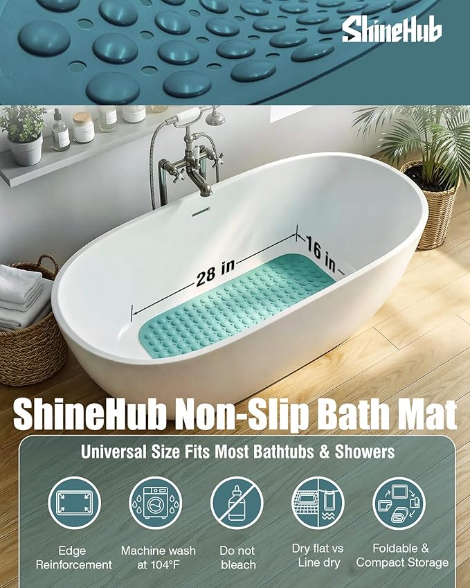 7mm Extra Thick TPE Bath Mat, Non-Slip Shower Mat for Bathroom and Tub, 28x16 Inch with Drainage Holes and Stability Grip, Machine Washable, Smoke Pine Green