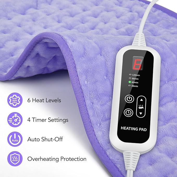 Heating Pad for Back Pain Relief - 33"x17" Extra Large Electric Heat Pad,6 Heat Settings &4 Auto Off, Machine Washable,Overheat Protection,for Shoulders,Neck,Period Cramps,Gifts for Women Mom [Purple]