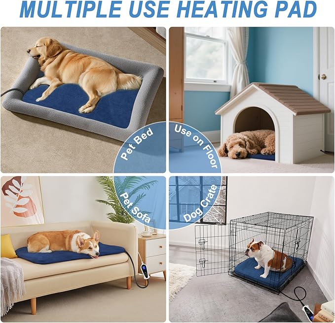 Bestio Dog Heating Pad,28×18 in Heated Dog Bed with Constant Heat & Auto Modes，MET&UL Certified Pet Heating Pad with Soothing Warmth,Chew-Resistant Cord,Waterproof Washable Cover- Blue