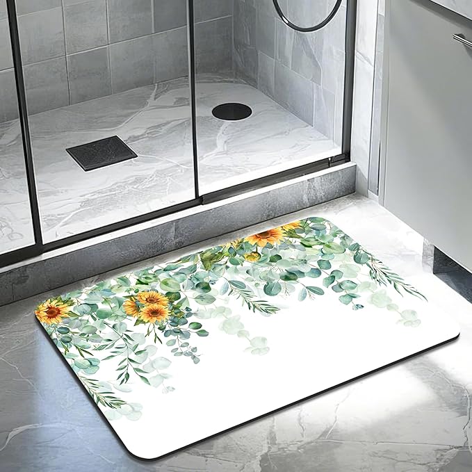 Quick Dry Bath Mat for Bathroom,Super Absorbent Green Eucalyptus Leaves Bath Rug Non-Slip Rubber Backing,Machine Washable Bathroom Floor Mat for Shower, Tub, Sink Area Sunflower Watercolor 30x20