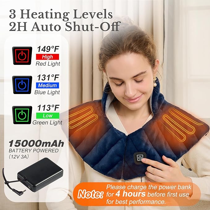 Portable Cordless Heating Pad for Neck, Shoulders & Back - Rechargeable Battery Operated Heating Pad with 3 Heat Settings, Birthday Gift for Women, Weighted Neck Warmer for Pain Relief (Navy Blue)