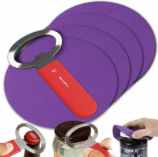 Magnetic Jar Opener Gripper, Jar Openers Top Rated For Seniors Weak Hands, Bottle Opener Built-In, 2-IN-1 Jar & Bottle Opener x 1, Red, Rubber Jar Openers Gripper x 4