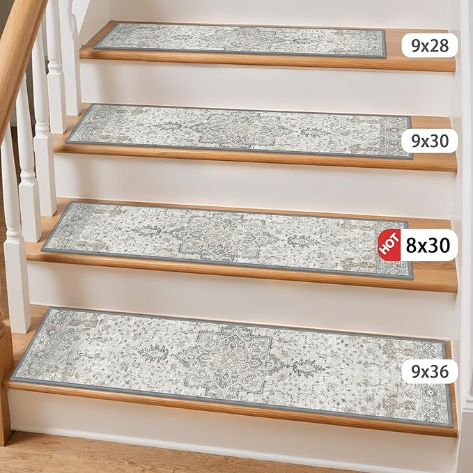 Non Slip Stair Treads for Wooden Steps 15PCS – 9"x36" Upgraded Wide-Long Indoor Safety Carpet, Upgraded Edging Mats with TPE Adhesive Backing, Pet and Elderly Friendly Stair Rugs (Taupe)