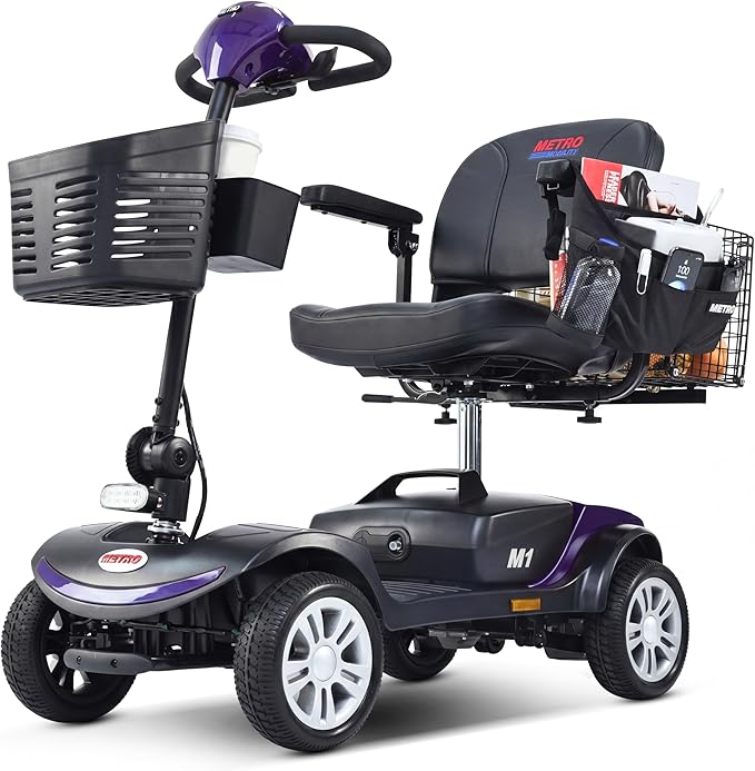Metro Mobility 4 Wheel Folding Mobility Scooters for Seniors - 300 lbs Capacity Electric Scooter with Seat for Adults, Travel - Front & Rear LED Light - Purple