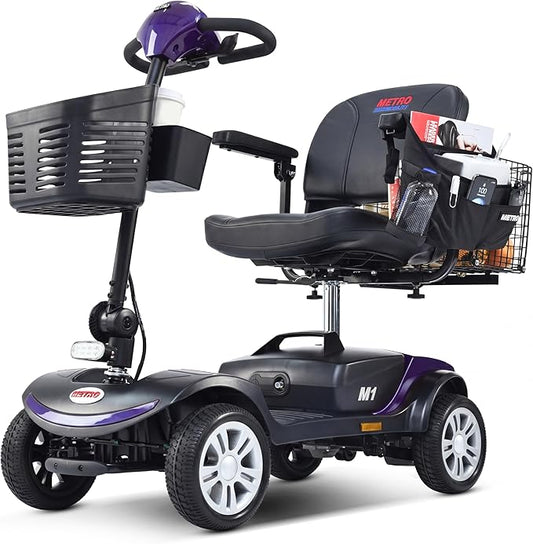 Metro Mobility 4 Wheel Folding Mobility Scooters for Seniors - 300 lbs Capacity Electric Scooter with Seat for Adults, Travel - Front & Rear LED Light - Purple