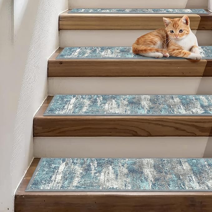 sarben Carpet Stair Treads Non Slip 15PCS, 8" X 30" Edging Stair Runner for Wooden Steps Indoor, Resistant Stair Rugs with Reusable TPE Adhesive Backing, Residue Free Mat for Kids, Elders, Pets, Teal