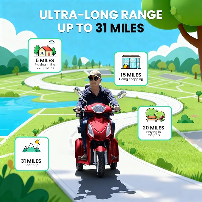 Super Large Electric 4 Wheel Mobility Scooters, Heavy Duty 800W Wheelchair Device, 25 Miles Long Range, All Terrain Mobility Scooter，Speed Adjust, Remote Key,Receive Ready to Ride (3 Wheel -red)