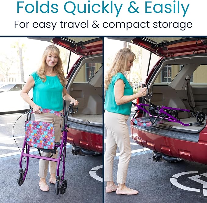 Vive Ultra Lightweight Rollator Walker with Seat - Foldable, Narrow, Rolling Senior Walker for Small Spaces - 4 Wheel Aluminum Adult Easy Drive Aid with Underseat Accessory