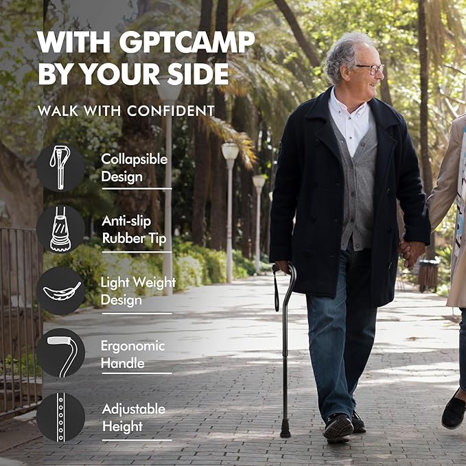 GPTCAMP Walking Cane and Walking Stick for Men Women,Lightweight Folding Canes with Offset Soft Cushioned Handle,Adjustable & Collapsible,Mobility & Leg Surgery Recovery