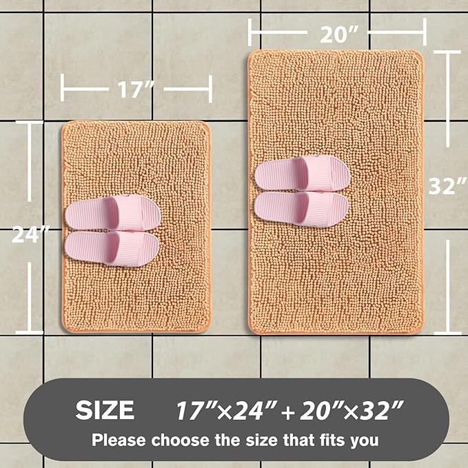 Peach Bathroom Rugs Sets 2 Piece – Absorbent and Washable Bath Mat, Non-Slip, Thick Soft Chenille Bath Rugs for Bathroom Floor, Shower, Sink - 17" x 24"+20" x 32"