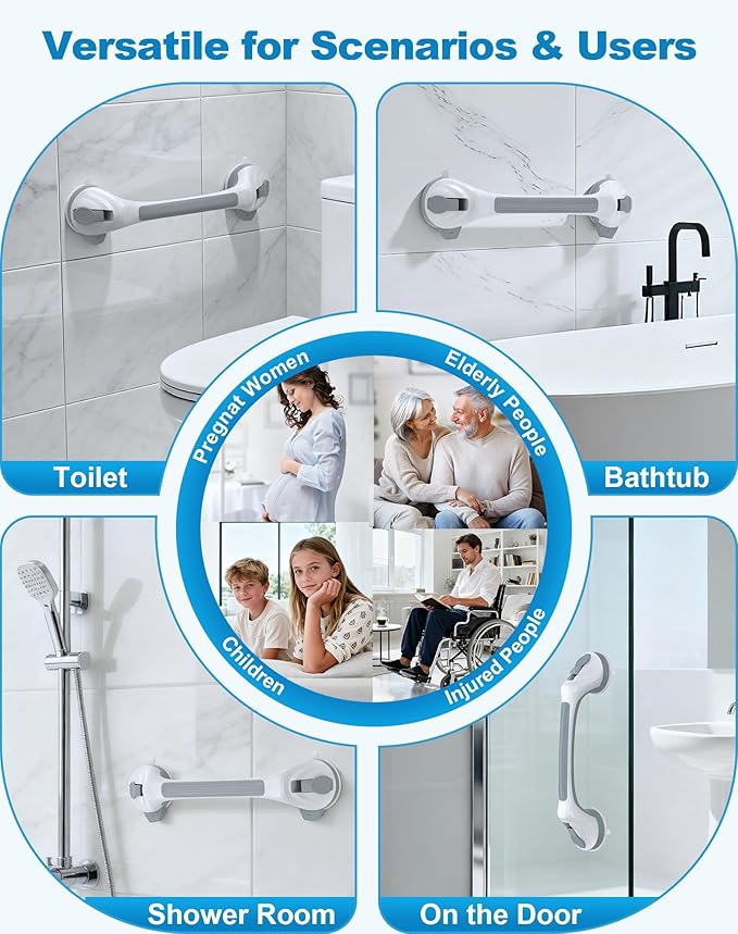 Grab Bars for Shower, 16.7" Shower Grab Bars for Seniors, Heavy Duty Suction Cup Shower Handle with Safety Indicators, No-Drill Anti-Slip Bathroom Shower Bars for Elderly & Handicap, 2 Pack
