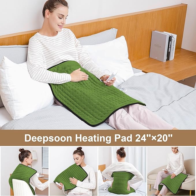 Deepsoon Heating Pad,Electric Heating Pads for Back,Neck,Moist Heating Pad for Abdomen Shoulder Knee Legs,Dry/Moist Heat&Auto Shut Off,Mother's Day Birthday for Men and Women,Green Black,24x20 Inch