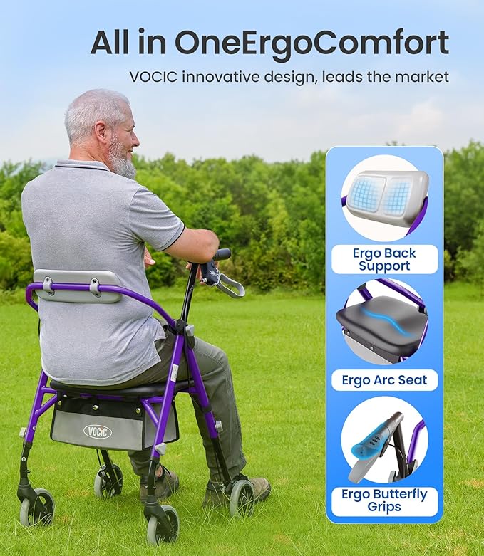VOCIC Walkers for Seniors, Z12 Rollator Walker with Seat, Ergo Seat & Backrest, Foldable Rollator Adjustable Height, All Terrain Walker, Ultra Light