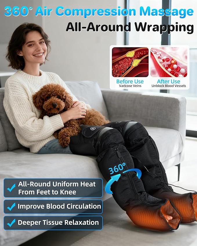 YINGGG Leg Massager with Heat and Compression - Foot and Calf Massage Sleeve with 3 Heat, 6 Intensities, 6 Modes, Compression Boots for Circulation and Pain Relief