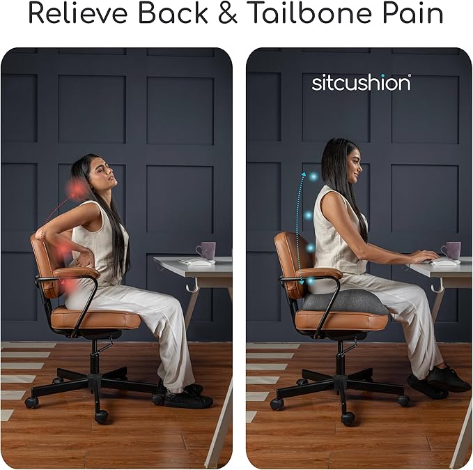 SitCushion Ergonomic Seat Cushion for Sciatica & Tailbone Pain Relief – Extra Large Memory Foam Office Chair Cushion for Long Sitting, Orthopedic Coccyx Cushion for Desk Chair, Car & Wheelchair(Black)
