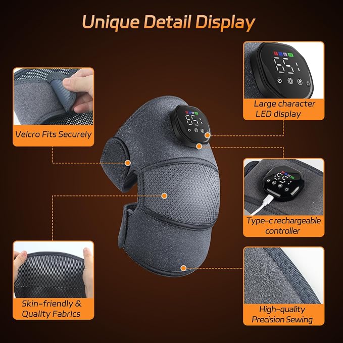 Knee Massager with Heat and Vibration, Cordless Heating Pad for Knee, 3-in-1 Massager for Knee Shoulder Elbow, Portable Washable Heated Knee Brace for Arthritis, with 2 Extension Straps
