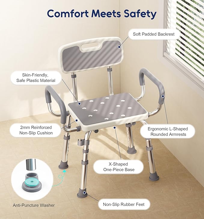 Bluelog Shower Chair for Inside Shower with Arms and Back, 500lbs Capacity Height Adjustable Shower Seat with Thickened Frame for Seniors, Elderly and Disabled