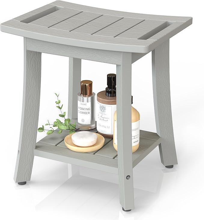 Waterproof Shower Benches for Inside Shower, Poly Lumber Shower Stool with Storage Shelf & Adjustable Feet, SPA Bathroom Seat Chair for Shaving Legs, Indoor or Outdoor Use, Grey