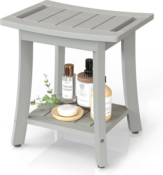 Waterproof Shower Benches for Inside Shower, Poly Lumber Shower Stool with Storage Shelf & Adjustable Feet, SPA Bathroom Seat Chair for Shaving Legs, Indoor or Outdoor Use, Grey
