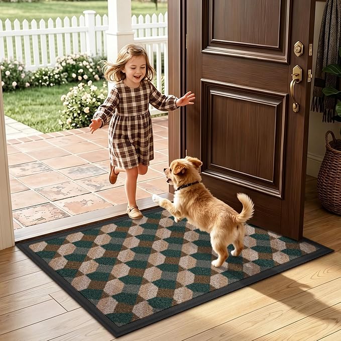 LUMI Front Door Mat 17x30, Low-Profile Non-Slip Welcome Mat for Indoor Outdoor, Stain & Fade Resistant Geometric Door Mat for Entryway Patio Porch, Geo-Olive