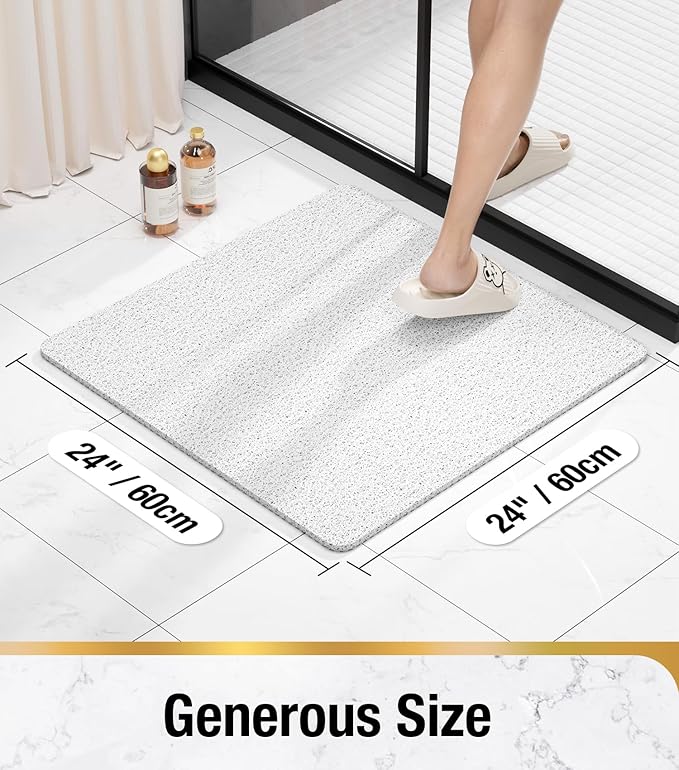HITSLAM Square Shower Mat Non Slip, Bath Tub Mat for Textured Surface, Soft PVC Loofah Bathtub Mats Without Suction Cups, Quick Drying Shower Floor Mat, 24 x 24 Inch Bathroom Accessories, White