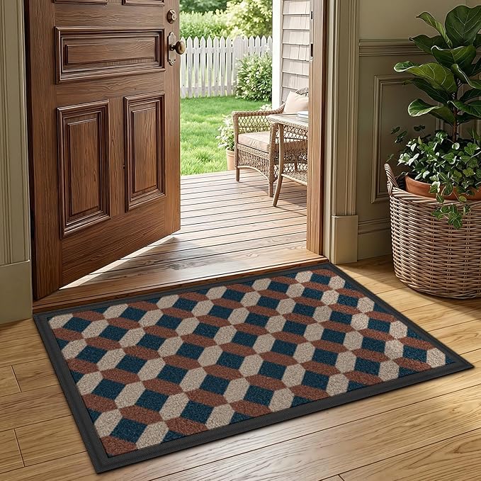 LUMI Front Door Mat 17x30, Low-Profile Non-Slip Welcome Mat for Indoor Outdoor, Stain & Fade Resistant Geometric Door Mat for Entryway Patio Porch, Geo-Navy