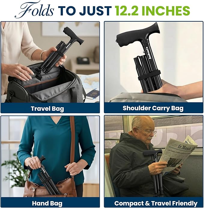 Walking Cane for Men & Women – Foldable, Adjustable, Self-Standing Cane with 360° Pivot Base, Comfortable Grip, Heavy Duty Canes for Women, Collapsible Walking Stick with Travel Bag for Seniors Adults