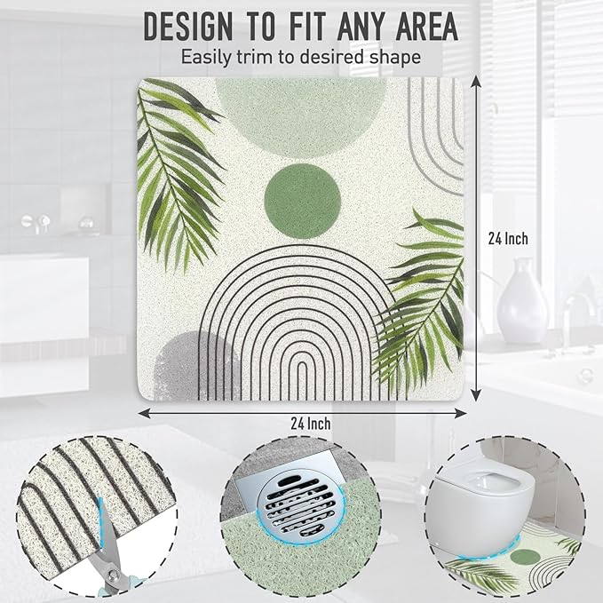 Square Shower Mat, 24 x 24 Inch Non Slip Bohemia Shower Stall Mat, Quick-Dry PVC Loofah Bath Mat for Shower Tub Bathroom