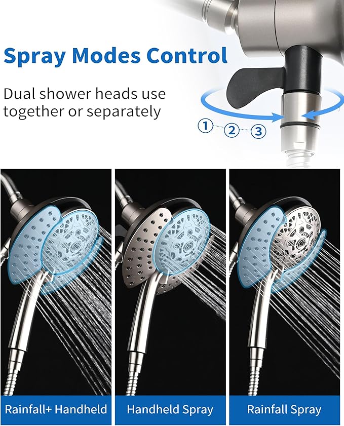 INAVAMZ Shower Heads with Handheld Spray Combo: 7.2" Rainfall Shower Head & Handheld Shower Head 2-IN-1 Shower Head with 60" Rotatable Stainless Steel Hose Nickel, Shower Trim Systems