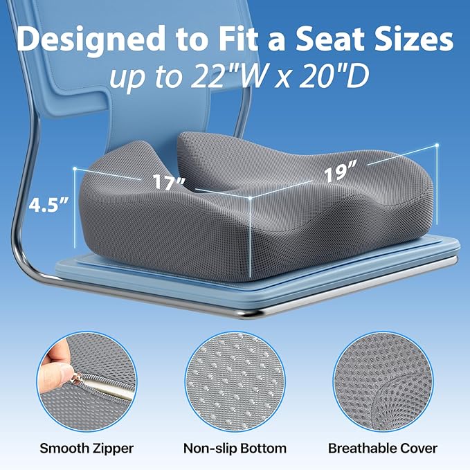 CJACSOC Seat Cushion, Extra Large Memory Foam Cushion for Office Chair Cushions, Ergonomic Cushions Pad Pillow for Pressure Relief Sciatica & Pain Relief for Long Sitting, Grey