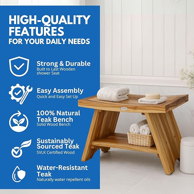 EcoDecors 30 Inch Serenity Teak Shower Bench – Waterproof Bathroom Seat-Large Storage Shelf for Adults & Senior-Spa-Style Teak Wood Stool-Non-Slip Feet-Elegant Finish-300 Pound Capacity