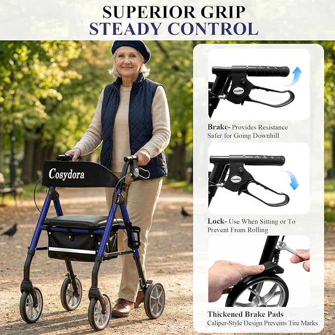 Cosydora Rollator Walkers for Seniors with Seat, 13.6 Lbs Ultra Lightweight Foldable Rolling Walker, 350Lbs Heavy Duty Aluminum, 8" All Terrain Wheels, Dual Adjustable Height, Navy Blue