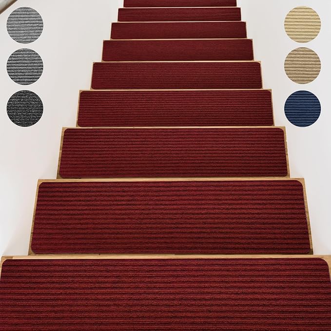 Stair Treads for Wooden Steps - Non Slip Stairs Carpet Tape Peel and Stick with Double Adhesive Tape Set of 15 Stripe- Dark red