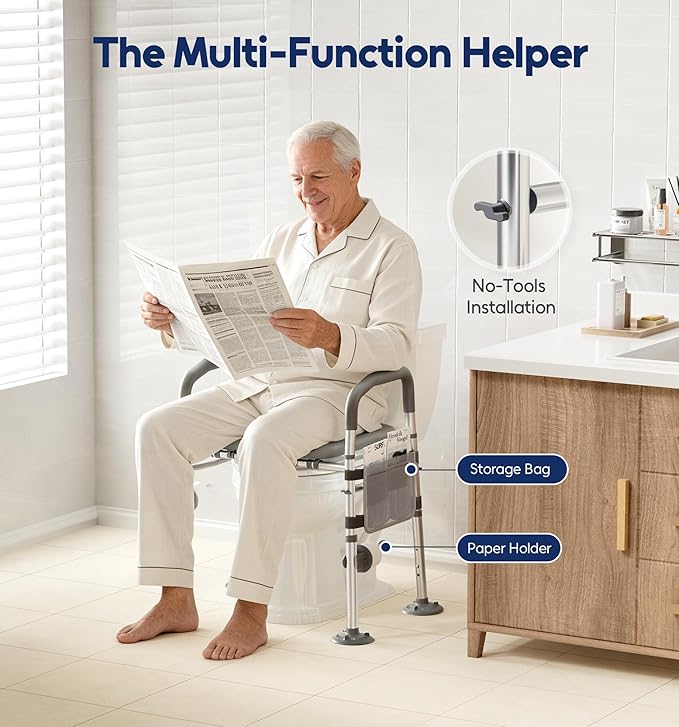 Bluelog Toilet Seat Risers for Seniors, 6 Width & 7 Height Adjustable Raised Toilet Seat with Handles, Elevated Toilet Seat for Elderly, Handicap, Heavy Duty 400lbs Build, Fit Any Toilet, Grey