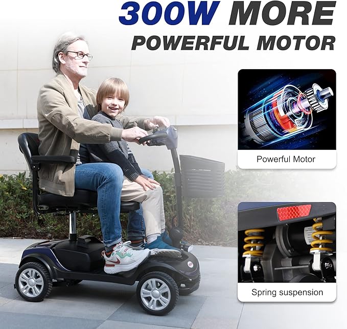 Metro Mobility 4 Wheel Powered Mobility Scooters for Seniors - 300 lbs Capacity Electric Scooter with Seat for Adults, Travel - Long Range Power Extended Battery - Blue