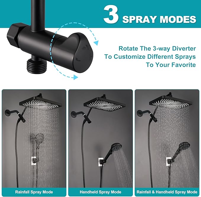 Rain Shower Heads with Handheld Spray Combo,12In Fixed Showerhead&8-Mode Handheld Shower Head with 79 Inches Extra-long Stainless Steel Hose (Black)