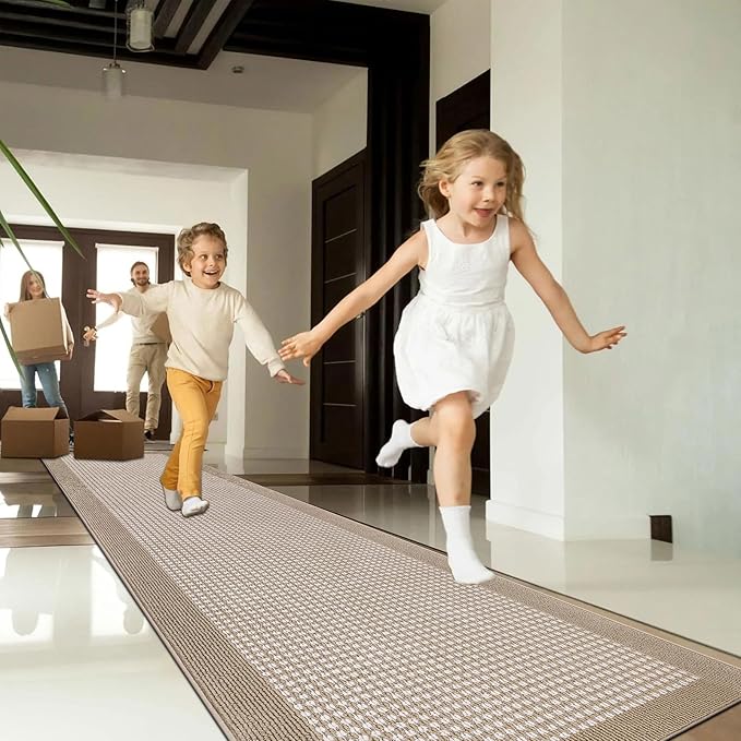 Ileading Runner Rug for Hallways 2.6'x12' Heavy-Duty Durable Entryway Floor Mat with Non Slip Rubber Backing Low-Pile High Traffic Carpet Machine Washable Accent Rugs for Kitchen, Living Room(Beige)