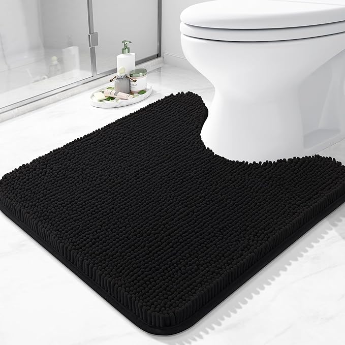Arotive Bathroom Toilet Rugs U Shaped 20x20, Extra Soft Absorbent Shaggy Chenille Contour Bath Rugs for Toilet, Machine Washable Non-Slip Contoured Bath Mats, Black