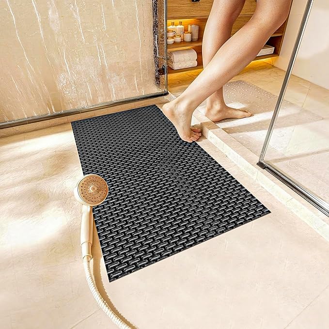 Extra Large Non-Slip Shower Mat, Fast-Dry PVC Bath Stall & Tub Mat, Drain-Hole Design,for Shower Stall Tub for Elderly/Kids，Non Slip Bathroom Safety Accessory，Black 32"x17"
