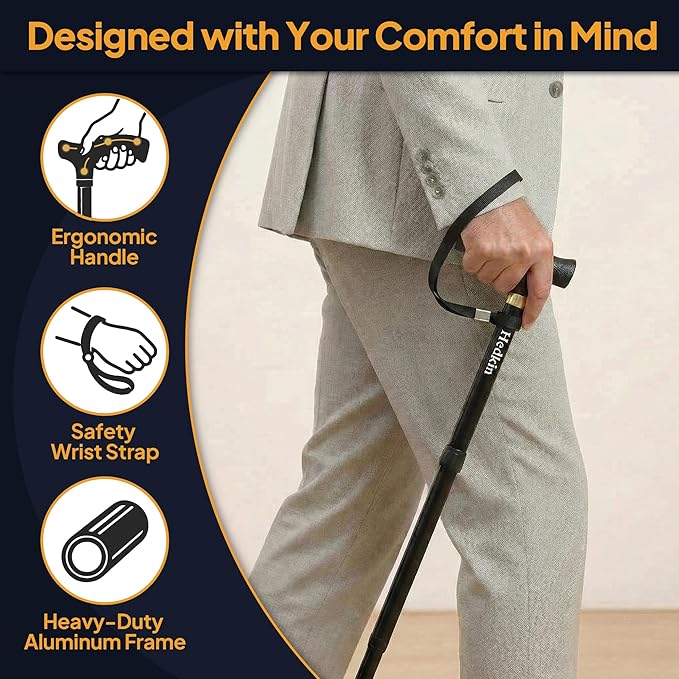 Walking Cane with LED Light, Foldable,Adjustable, Self Standing Walking Canes for Men & Women,Walking Sticks with Quad Base for Seniors & Adults