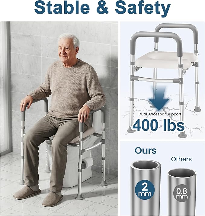 HOMLAND Raised Toilet Seat with Handles, 400 LBS Toilet Seat Risers for Seniors with Dual-Crossbar Support, Adjustable Height & Width Handicap Elevated Toilet Riser Fit Any Toilet, Gray