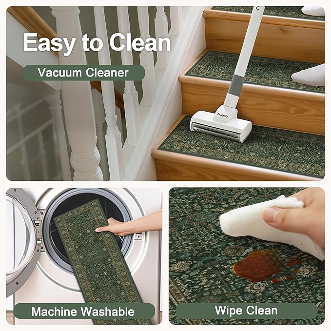 Non Slip Stair Treads for Wooden Steps 15PCS - 8"x30" Indoor Safety Carpet, Edging Mats with TPE Adhesive Backing, Pet and Elderly Friendly Stair Rugs (Dark Green/Multi)